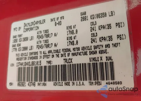 2003 Dodge Ram 1500 Slt/Laramie/St from USA, damaged, VIN 1D7HA16NX3J661015